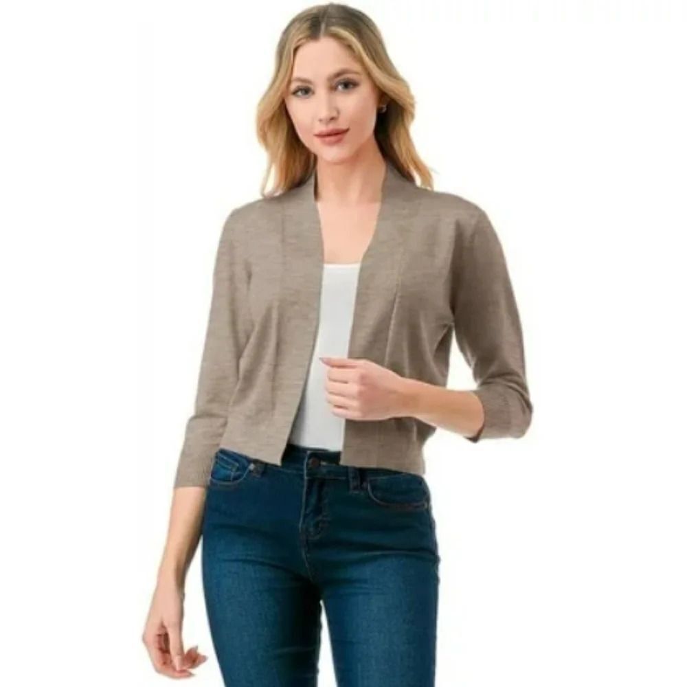Cielo Beige Three Quarter Sleeve Open Front Cropped Bolero Shrug Medium